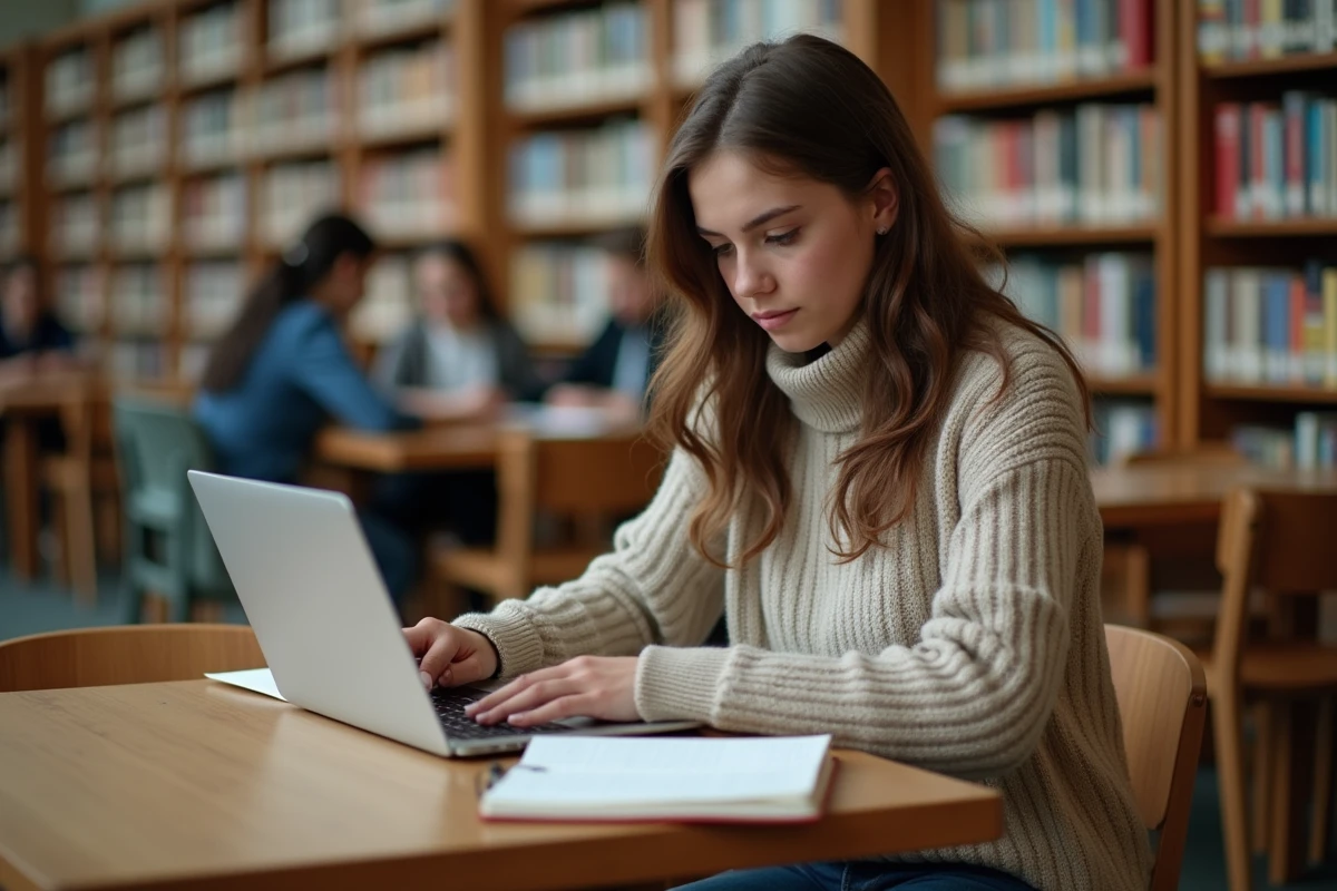 Jeune femme concentrée consultant des documents d'aide sociale dans une bibliothèque publique, illustration de l'accès aux ressources pour réduire les inégalités économiques