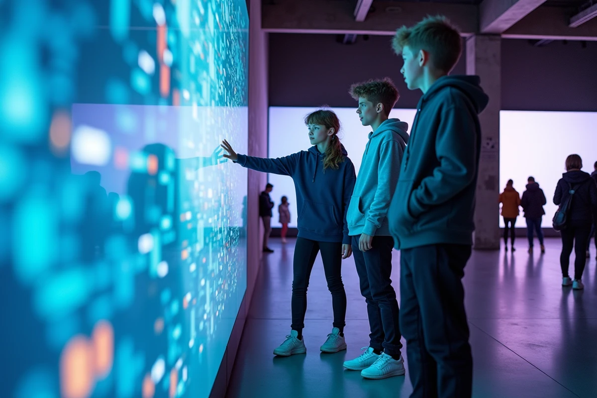 Adolescents interagissant avec une installation numérique interactive dans un musée d'art contemporain