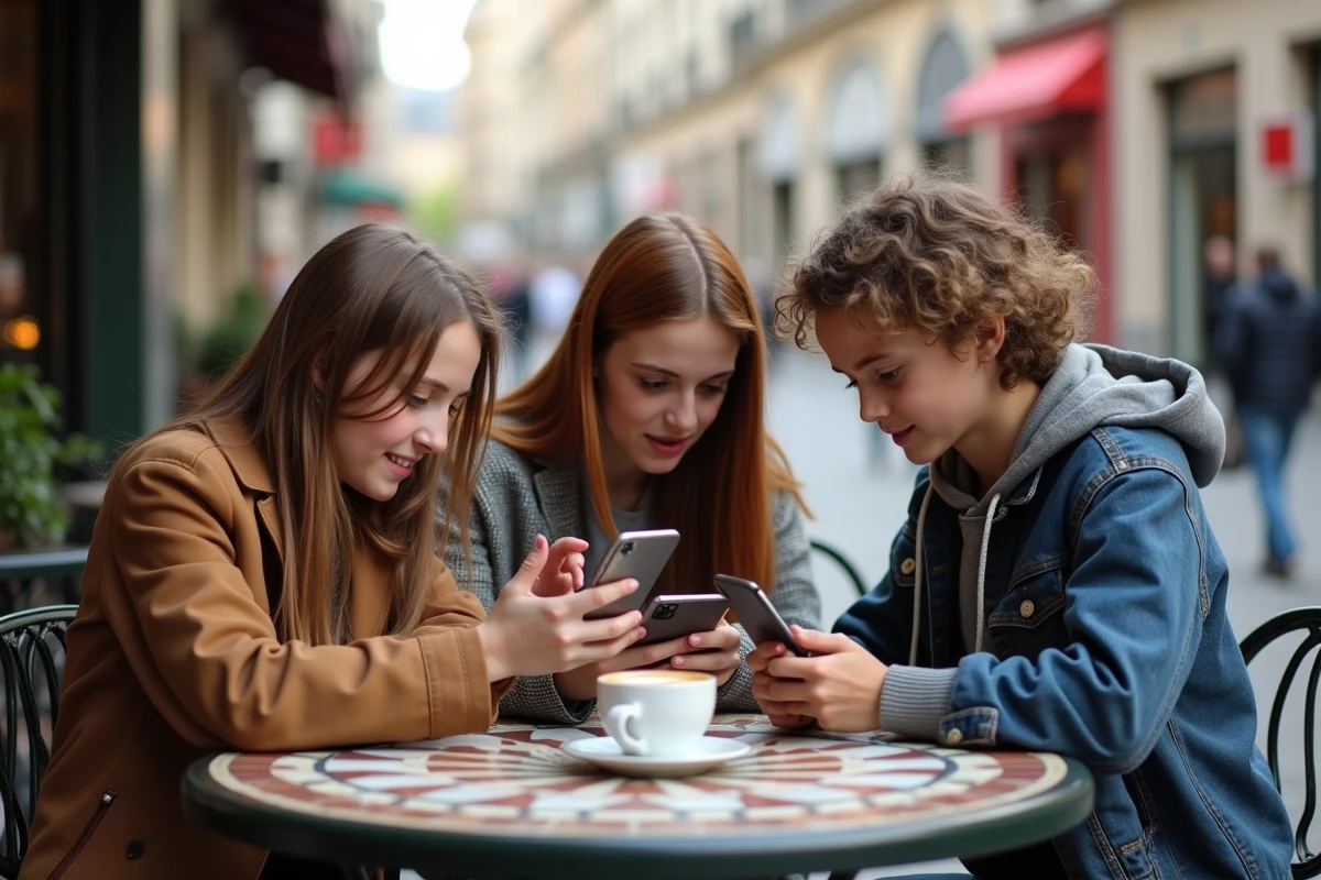 Groupe d'adolescents absorbés par leurs smartphones en terrasse de café, symbolisant l'impact des réseaux sociaux sur les interactions sociales