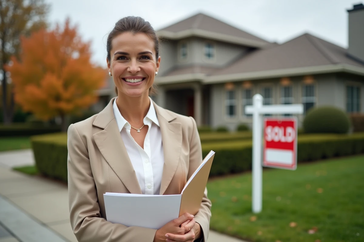 Agente immobilière tenant des documents hypothécaires devant une maison pavillonnaire américaine représentant le marché du crédit immobilier.