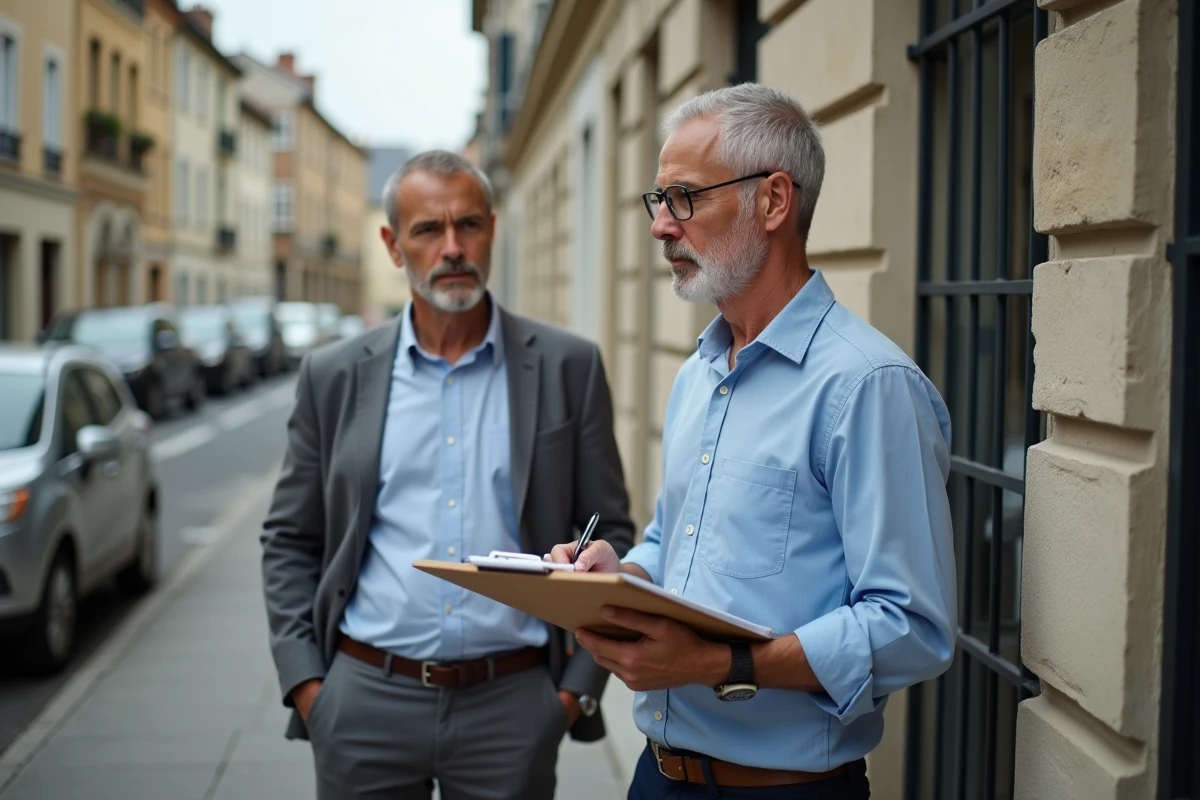 Deux agents immobiliers évaluant un immeuble résidentiel en façade dans une rue urbaine française