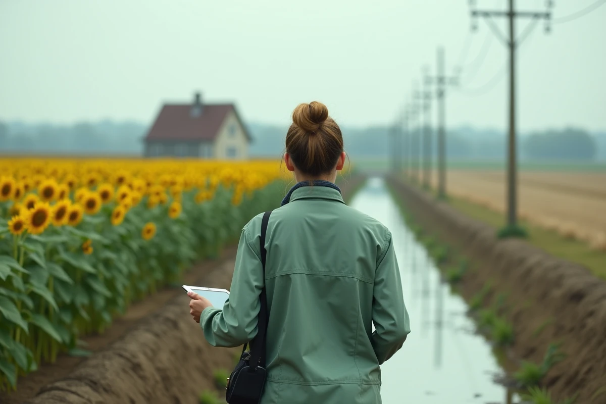 Agronome femme inspectant un champ de tournesols pour le respect des normes environnementales agricoles