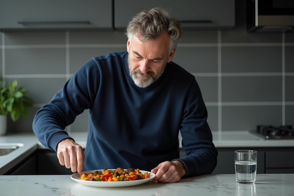 Homme s'arrêtant de manger pour reconnaître sa satiété dans une cuisine moderne, alimentation intuitive