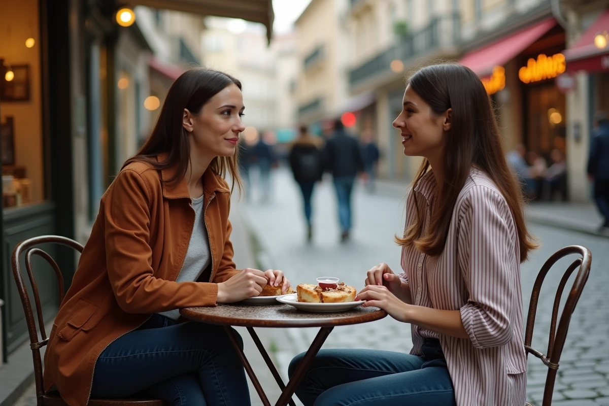 Deux femmes déjeunant ensemble en terrasse de café, illustrant l'écoute de la faim et de la satiété intuitive