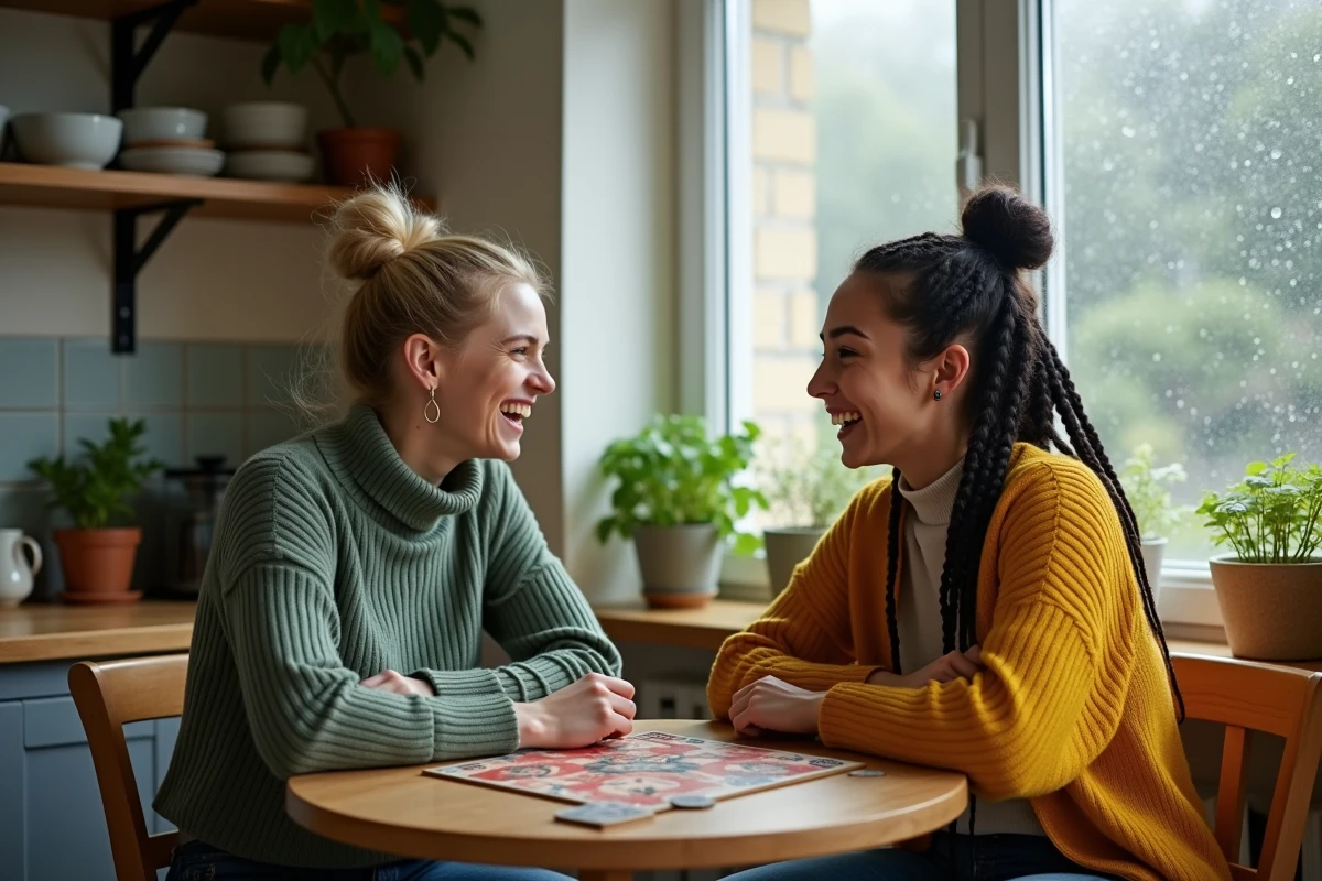 Deux amies riant ensemble autour d'un jeu de société dans une cuisine cosy un jour de pluie, symbolisant la convivialité comme remède à la morosité hivernale