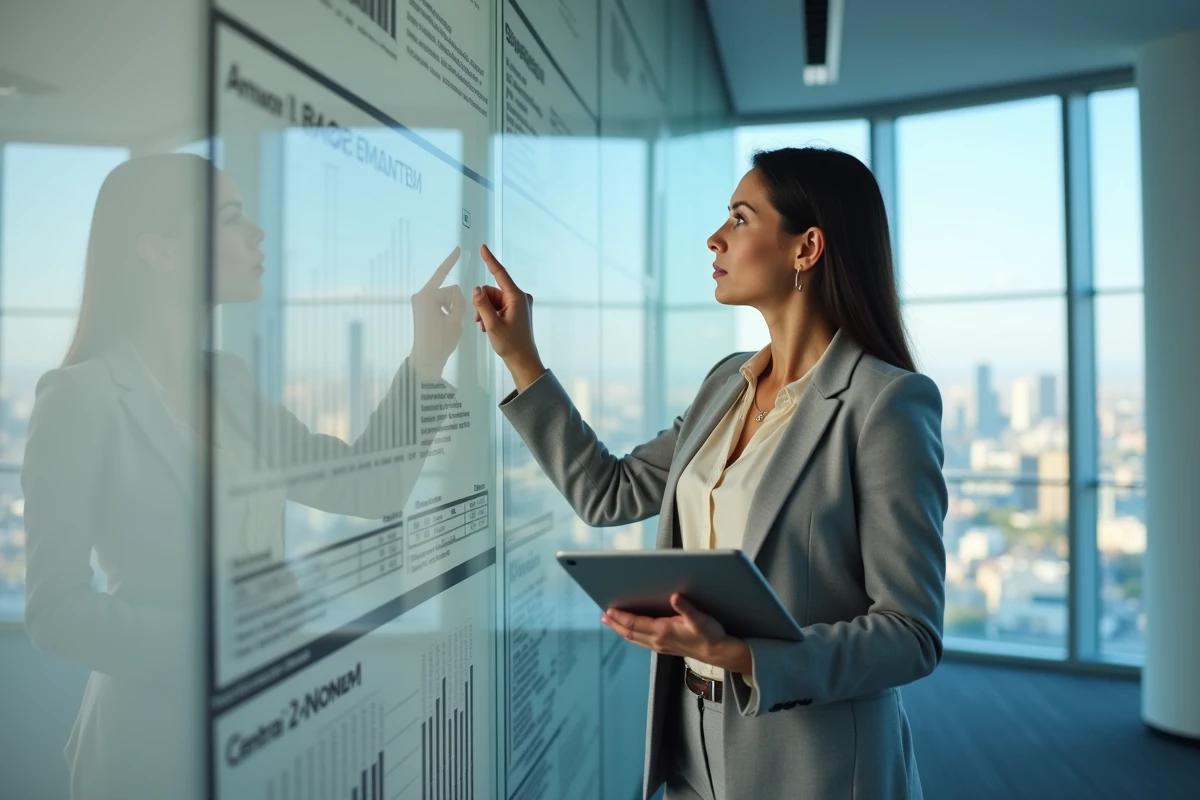 Analyste financière expliquant les politiques monétaires non conventionnelles comme l'assouplissement quantitatif devant un tableau de données