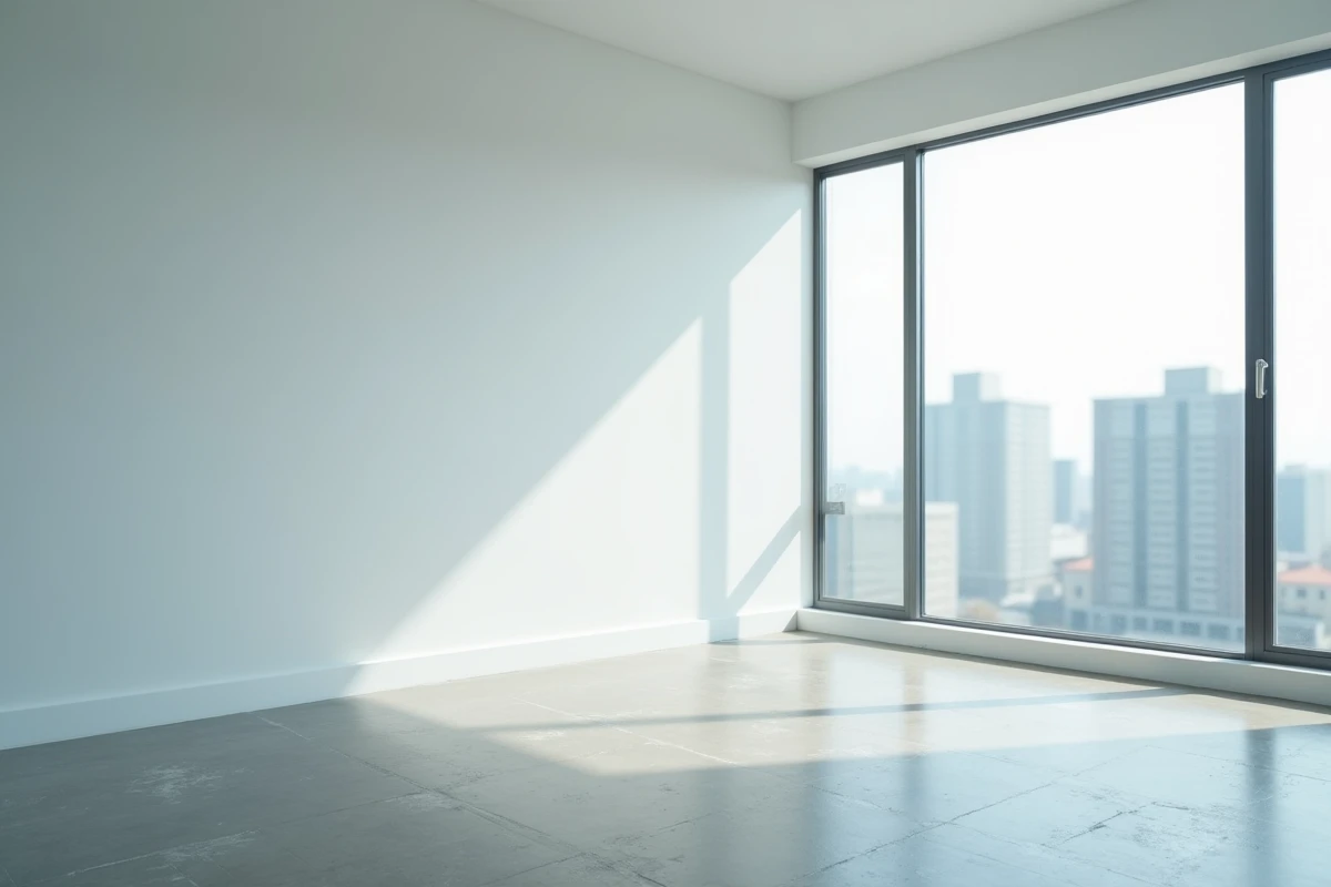 Appartement non meublé avec murs blancs nus et sol en béton brut dans une pièce vide et lumineuse