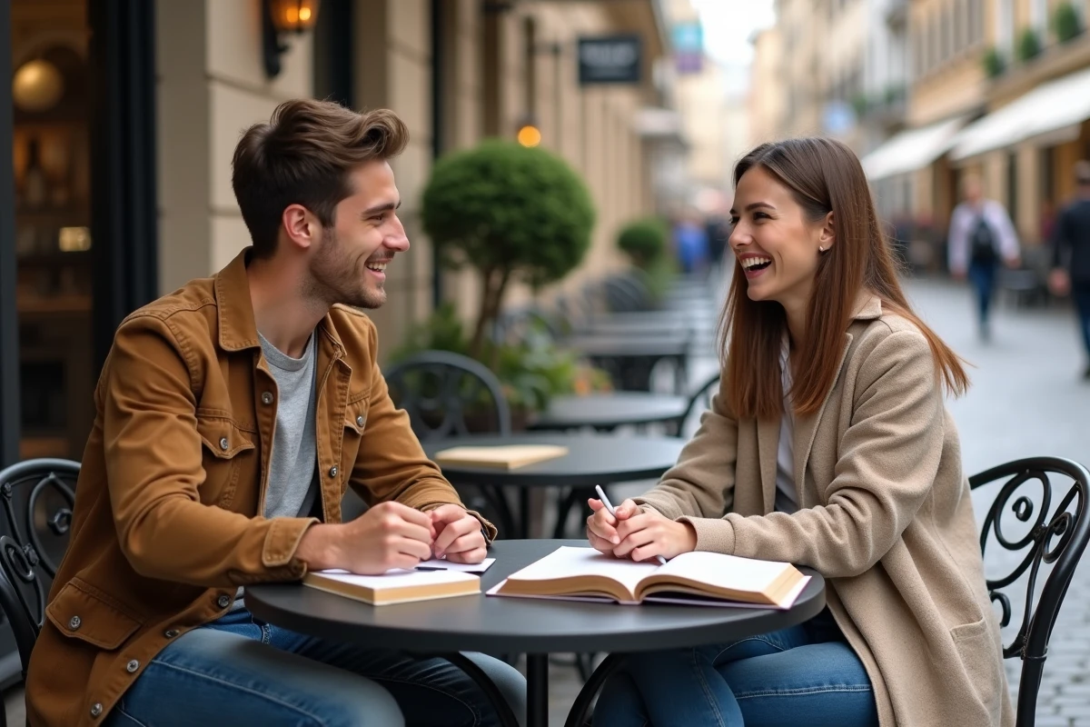 Deux étudiants en discussion active autour de livres en terrasse de café pour illustrer l'apprentissage collaboratif