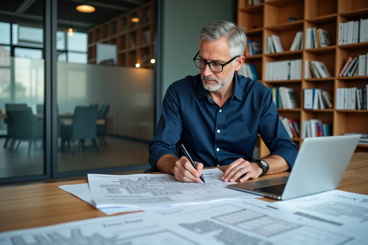 Architecte urbaniste analysant des documents PLU et une carte cadastrale de zone urbaine dans un bureau de planification