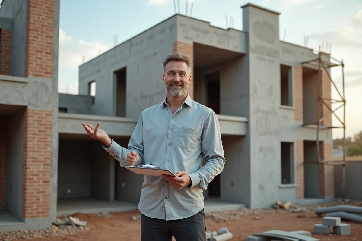 Architecte devant un chantier de construction d'une maison individuelle de 120 m², tenant des documents de devis
