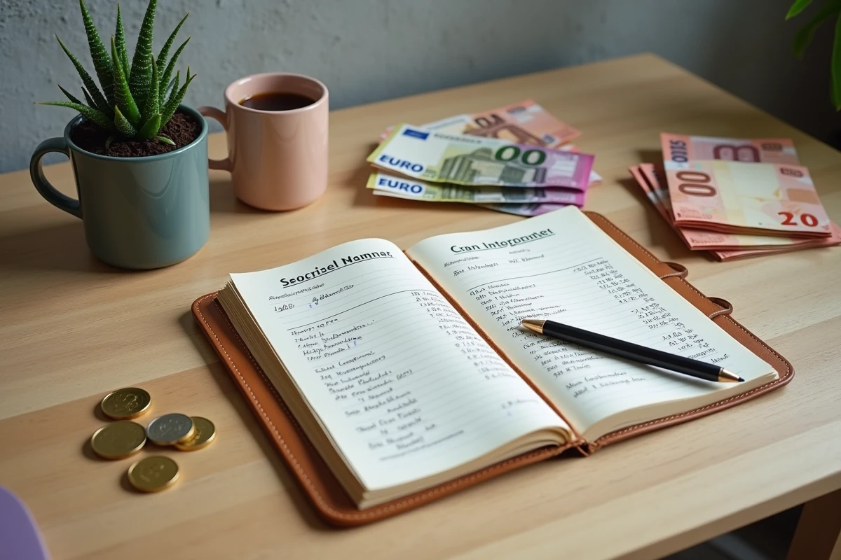 Vue de dessus d'un carnet de budget manuscrit entouré de billets et de pièces en euros sur une table en bois de style scandinave