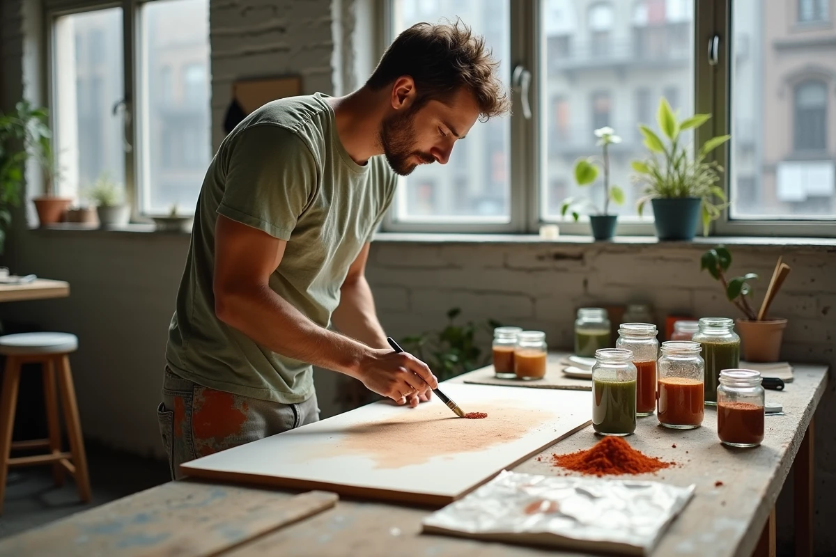 Artiste masculin appliquant de la peinture végétale faite maison sur du papier aquarelle avec un pinceau plat, entouré de pots de pigments naturels verts et ocres dans un studio urbain