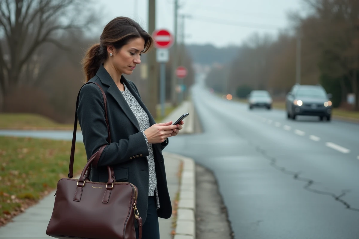 Femme attendant seule au bord de la route un covoiturage qui ne vient pas