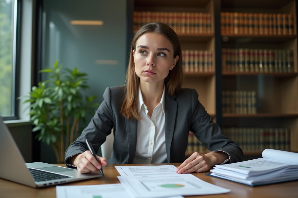 Avocate spécialisée en droit immobilier analysant les sanctions liées à l'absence de DPE collectif dans son bureau