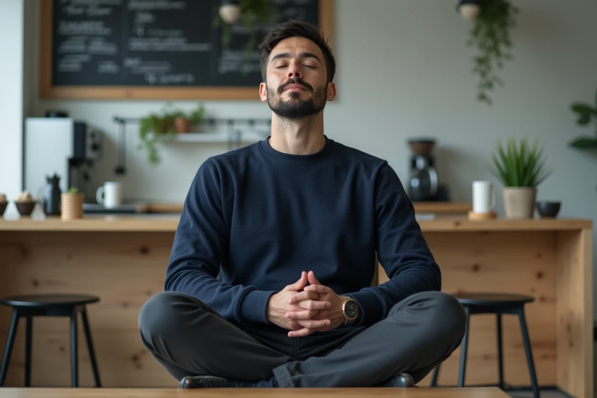 Homme en pause méditative dans la salle de repos d'une entreprise, symbolisant le bien-être mental au travail