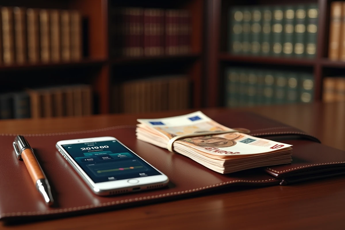 Billets en euros empilés sur un bureau en acajou avec un agenda en cuir et un stylo de luxe symbolisant les hauts revenus mensuels