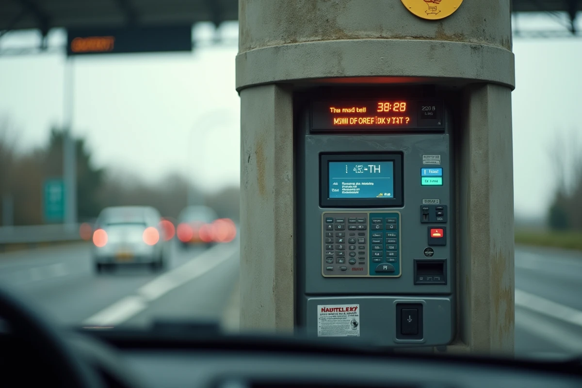 Gros plan d'une borne de péage automatique sur une autoroute française avec affichage du tarif en euros