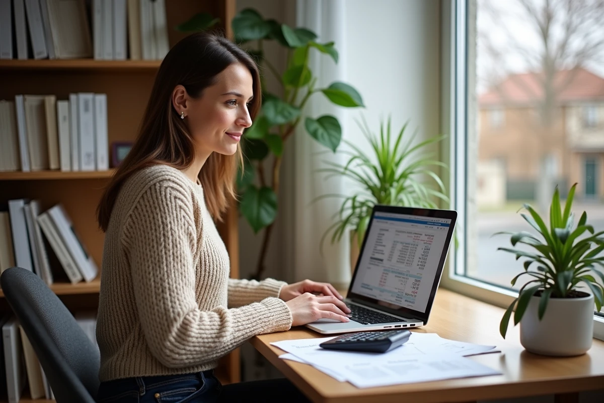 Femme calculant le budget de construction d'une maison de 120 m² sur son ordinateur portable dans un bureau à domicile