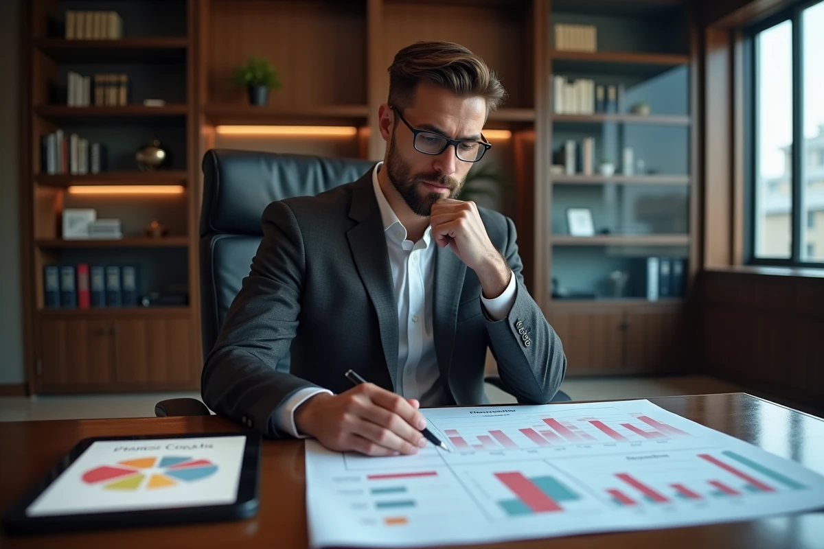 Cadre masculin étudiant une matrice de développement stratégique sur son bureau avec des graphiques et un plan de croissance