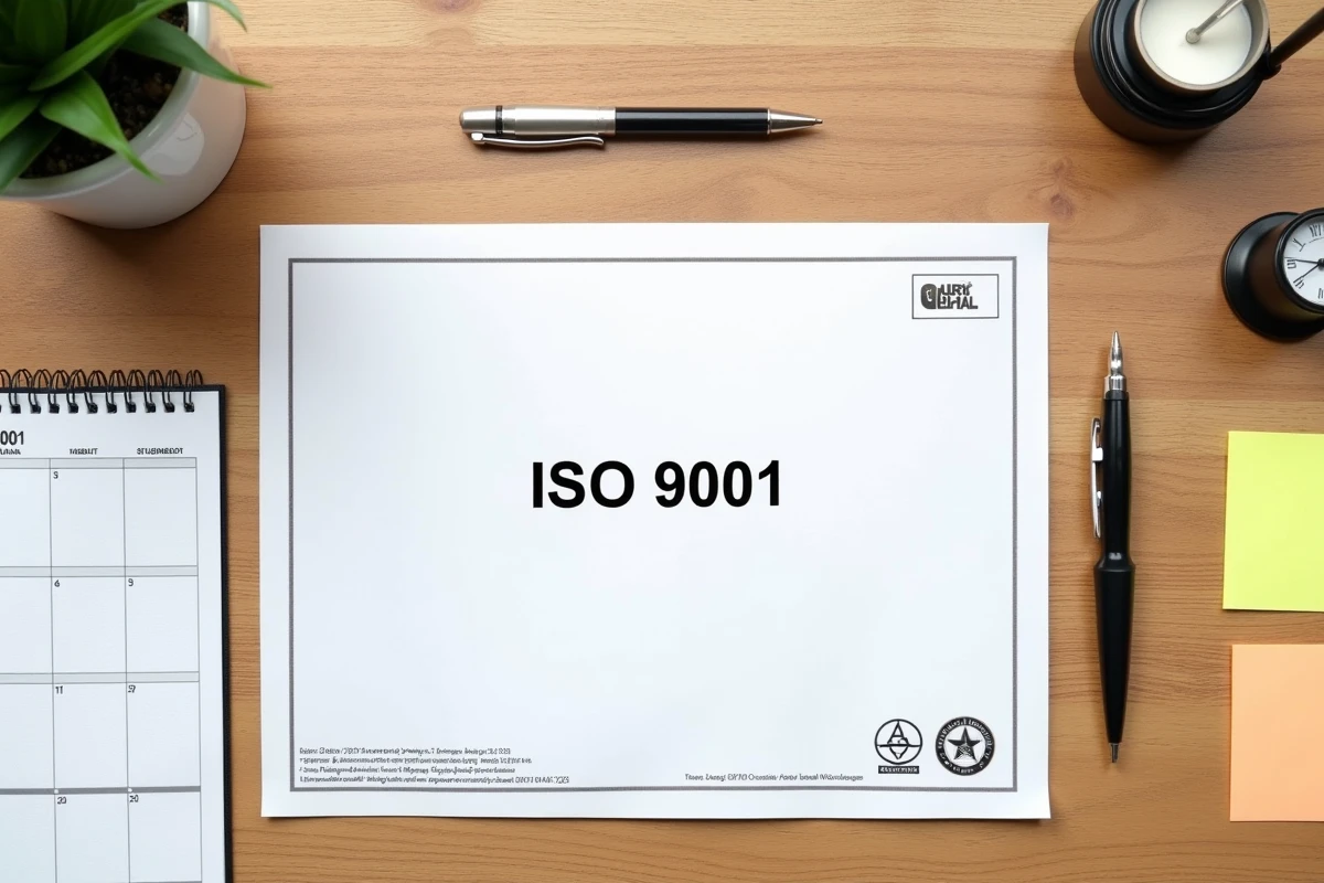 Vue en plongée d'un certificat ISO 9001 posé sur un bureau avec un calendrier montrant le cycle de renouvellement triennal des certifications ISO