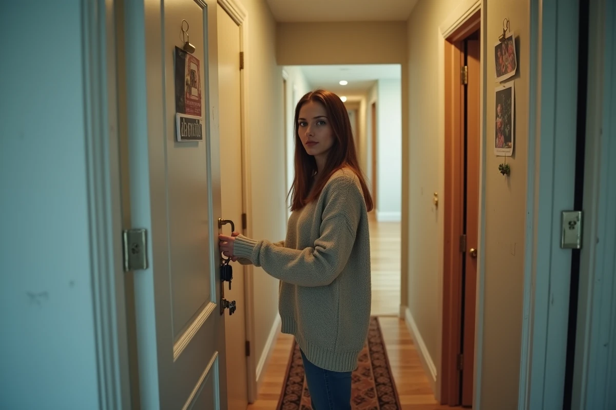 Jeune femme devant la porte de sa chambre privée dans un couloir de maison partagée