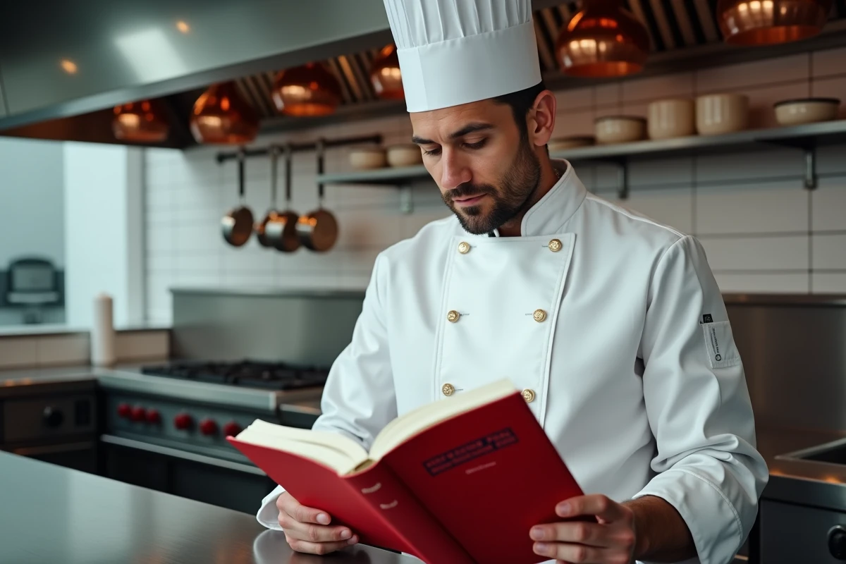 Chef cuisinier en veste blanche consultant le guide Michelin dans une cuisine professionnelle en acier inoxydable