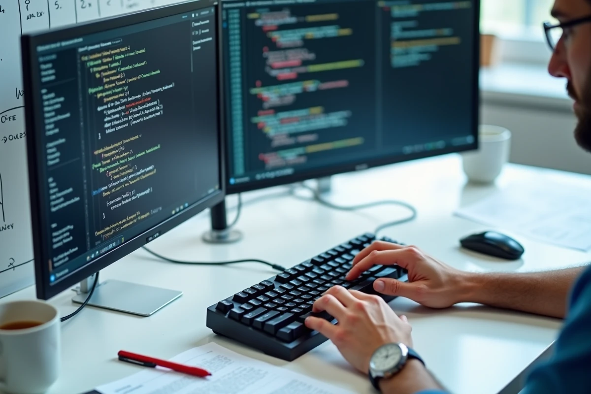Mains d'un chercheur tapant sur un clavier mécanique entouré de documents annotés et d'une visualisation de pipeline de tokenisation sur écran