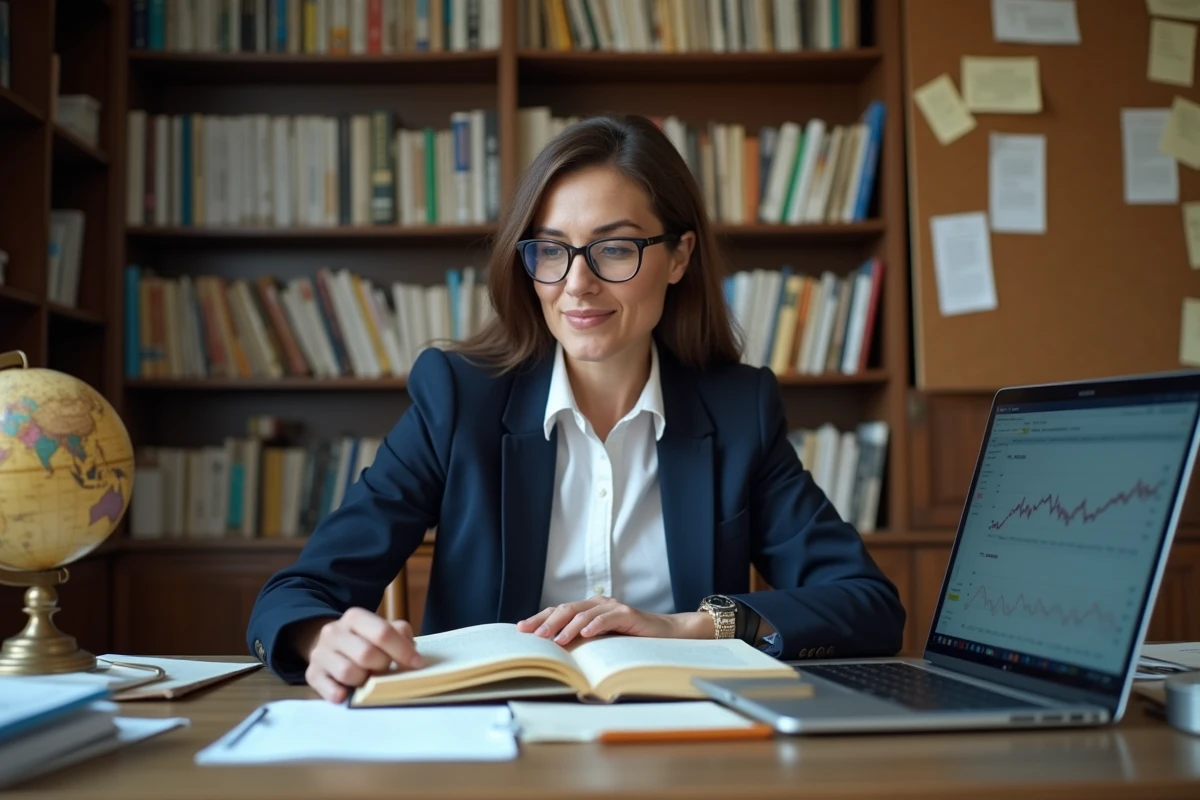 Chercheuse en économie comparant des données sur les politiques budgétaires en économie ouverte et fermée dans un bureau universitaire