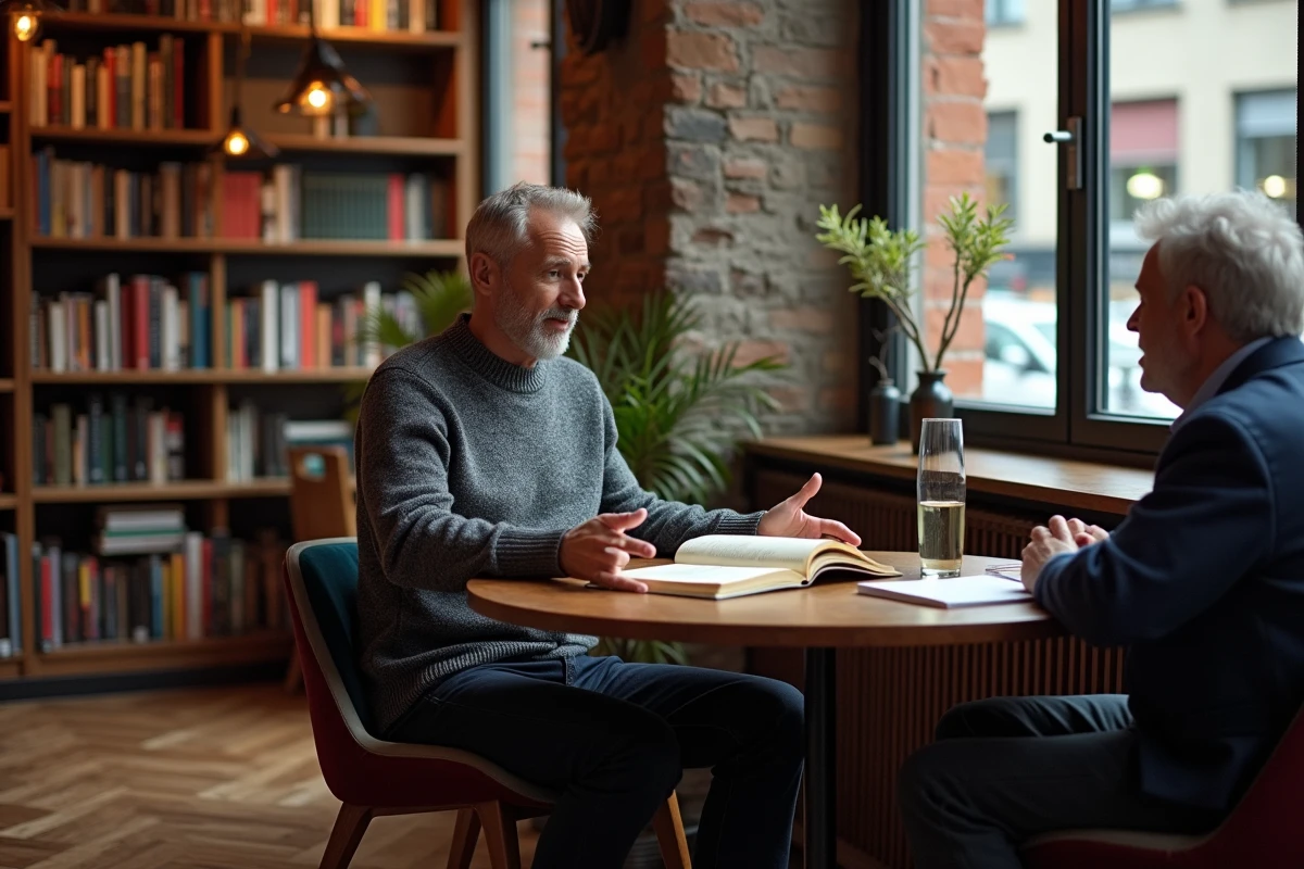 Homme participant à un club de lecture dans une librairie indépendante, activité culturelle conviviale