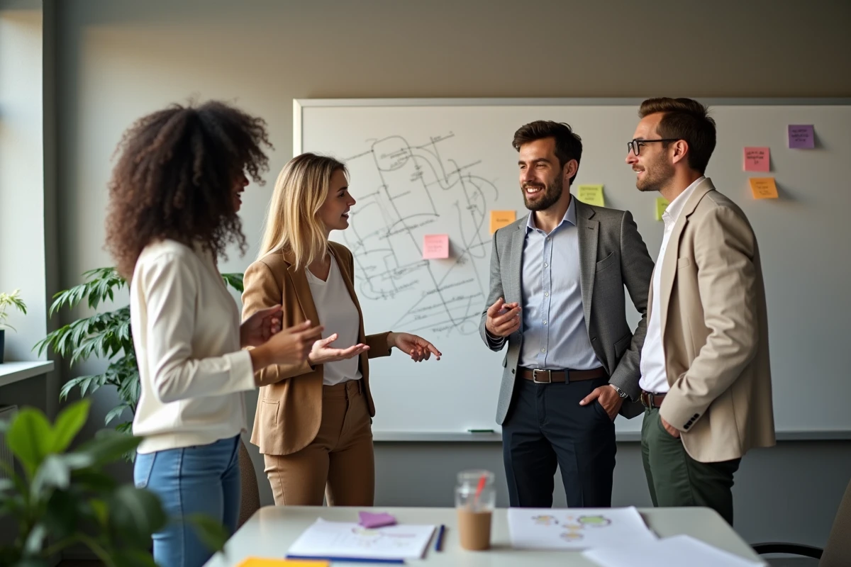 Groupe de collègues en séance de brainstorming debout autour d'un bureau collaboratif, représentant l'engagement et la cohésion d'équipe en entreprise
