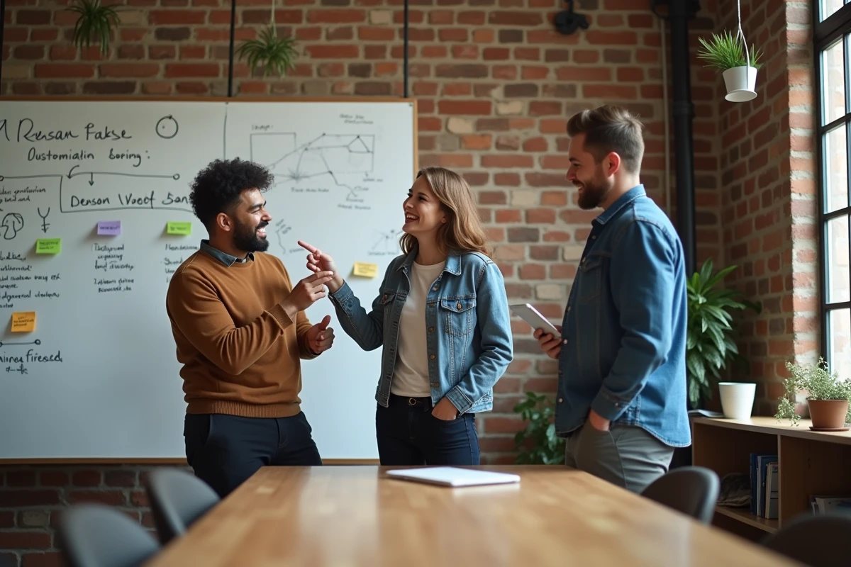 Groupe de collègues collaborant joyeusement dans un espace de travail créatif et convivial