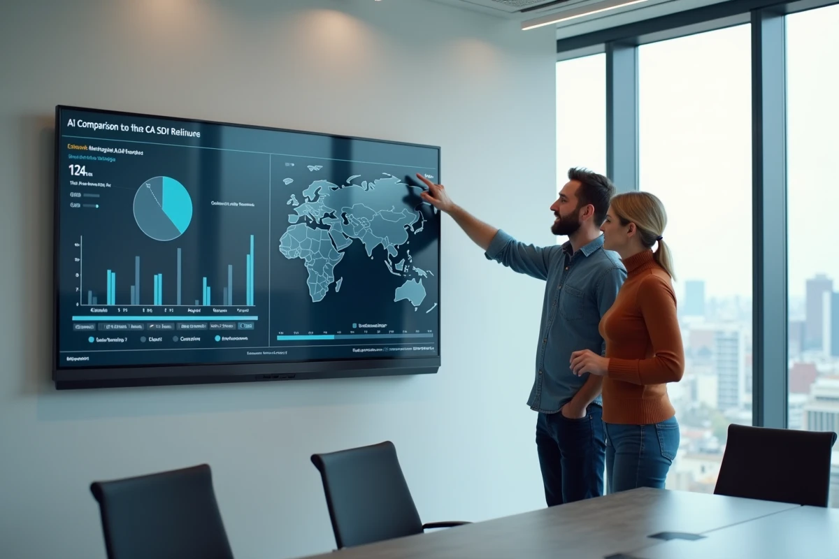 Deux collègues discutant d'un tableau comparatif de fiabilité des modèles d'intelligence artificielle dans une salle de réunion moderne