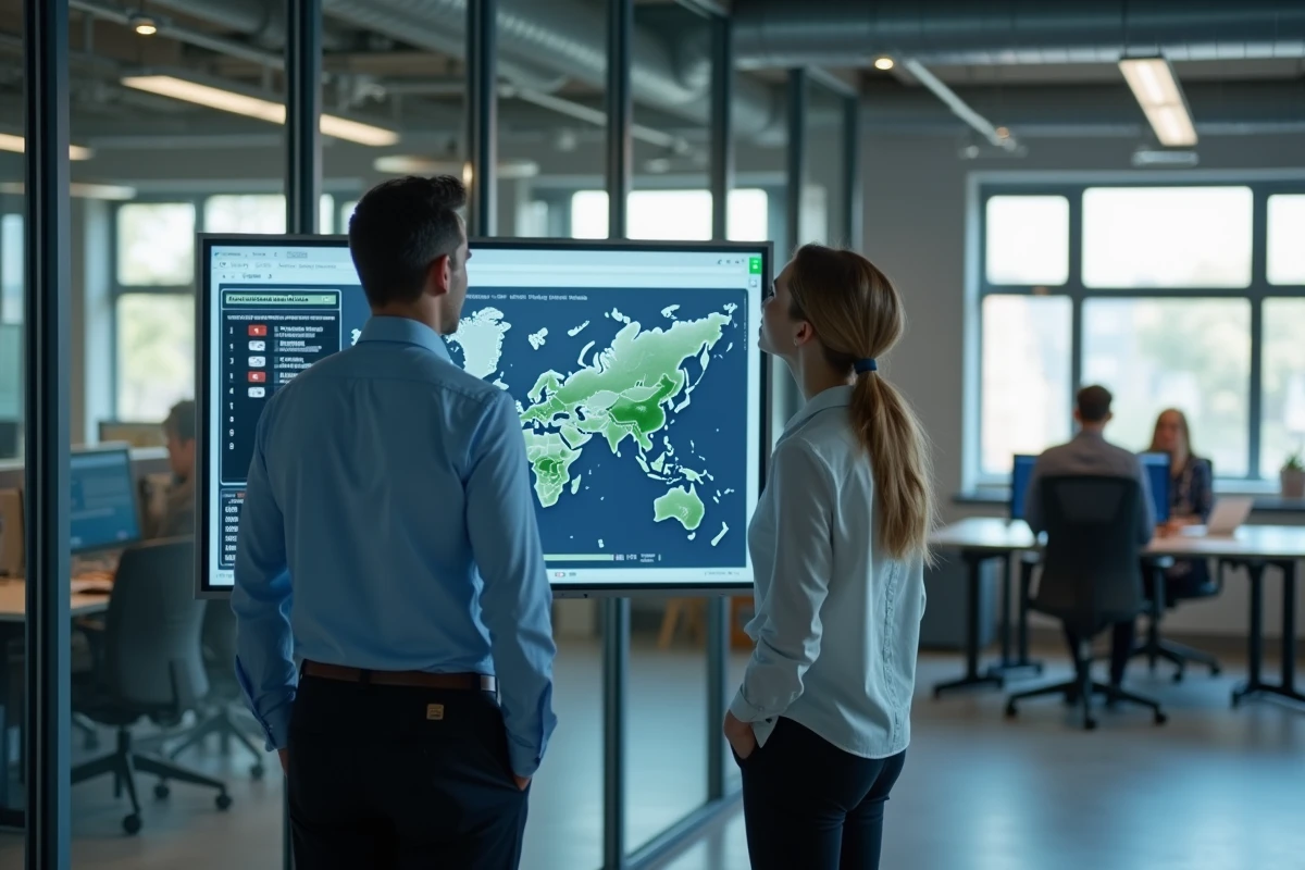 Deux collègues en open space analysant le statut d'un VPN sur un écran de bureau