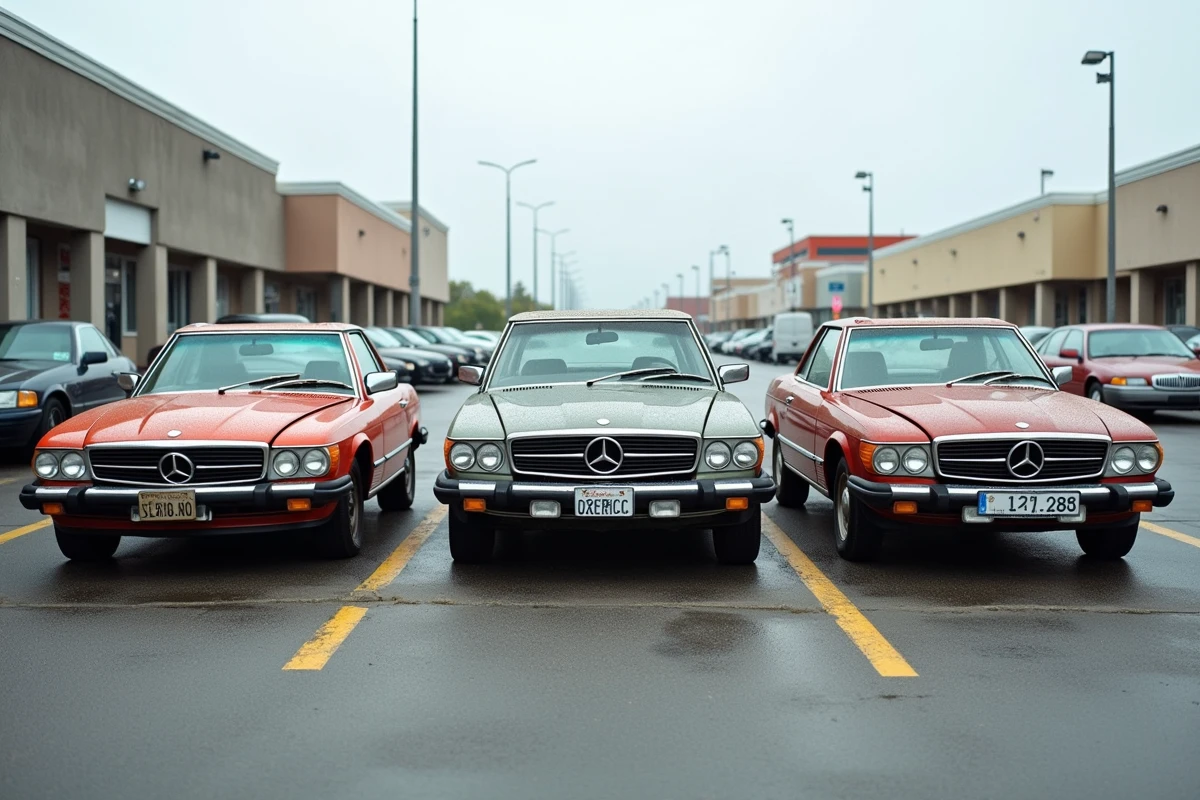 Comparaison de trois voitures d'occasion de marques différentes montrant des niveaux d'usure variés dans un parking de concessionnaire