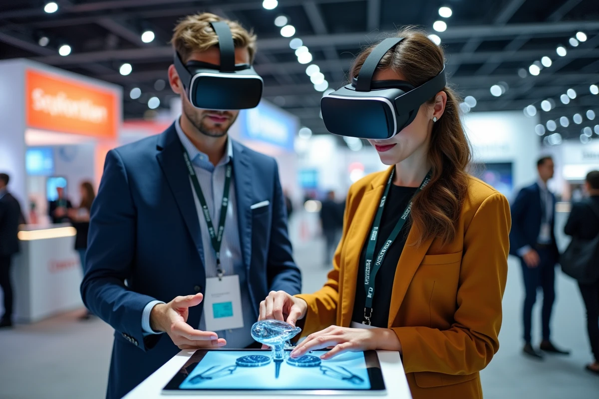 Deux personnes comparant la réalité virtuelle et la réalité augmentée lors d'un salon technologique
