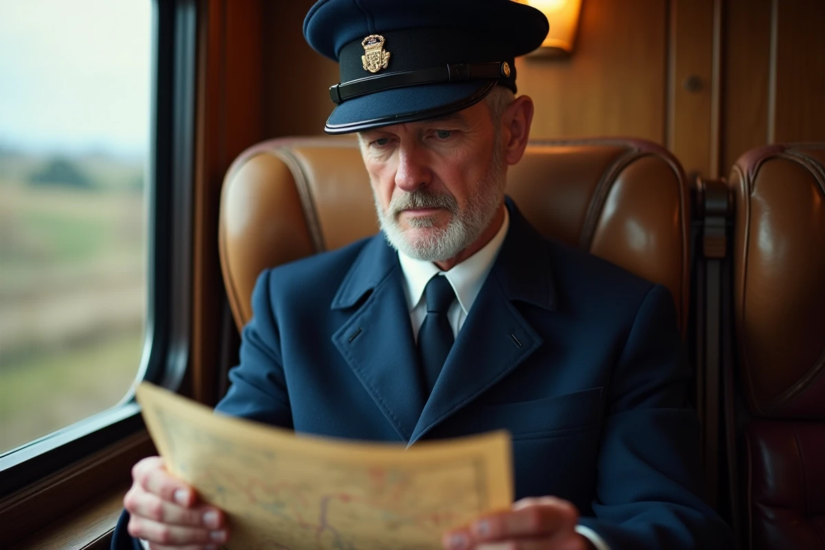 Conducteur de train européen examinant une carte de réseau ferroviaire dans un compartiment de wagon vintage