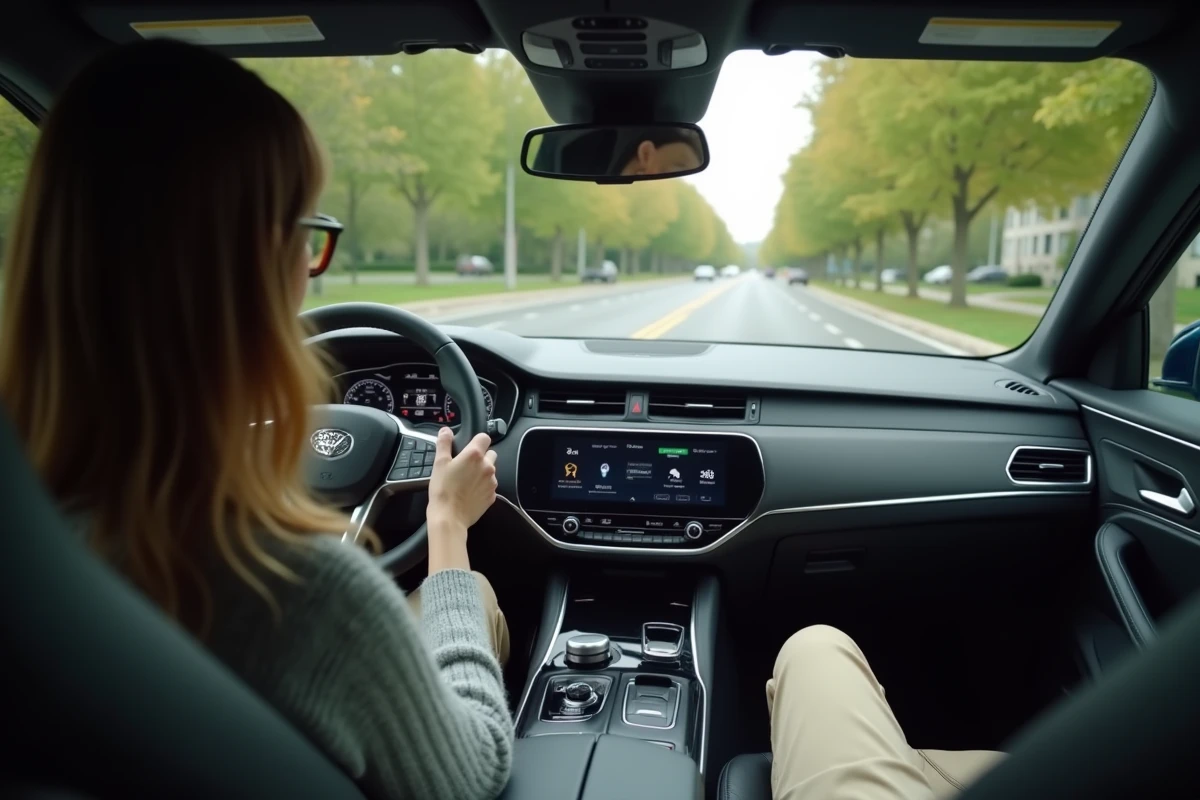 Conductrice dans un SUV haut de gamme avec mains libres grâce au régulateur de vitesse adaptatif et au centrage automatique de voie