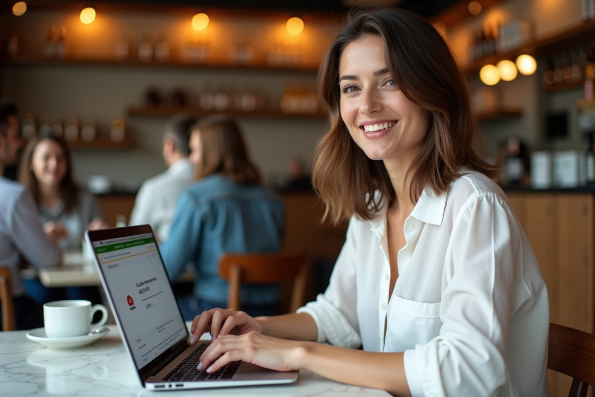 Femme dans un café vérifiant l'adresse IP de sa connexion VPN sur un MacBook