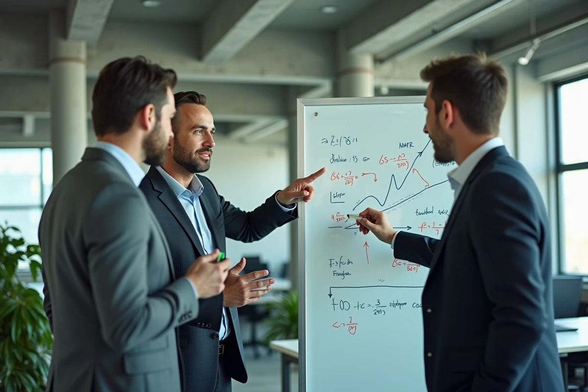 Équipe de consultants financiers discutant des effets des politiques monétaires et budgétaires sur les échanges internationaux devant un tableau blanc