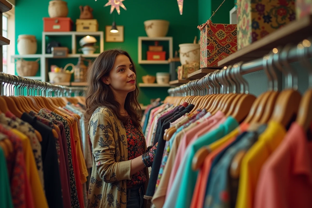 Boutique de mode maximaliste aux couleurs vives et aux vêtements en abondance, représentant l'esthétique opposée au minimalisme