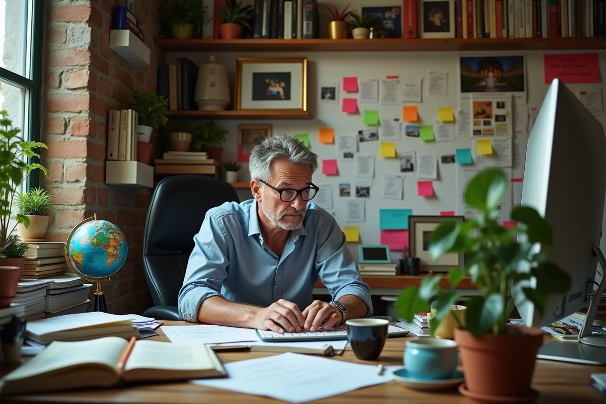 Bureau encombré et maximaliste recouvert de papiers, plantes et objets divers, symbolisant le contraire d'un espace minimaliste