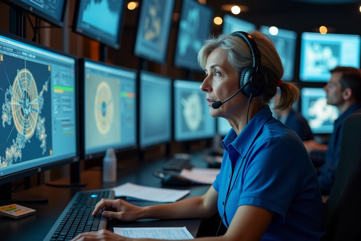 Ingénieure du contrôle de mission surveillant la trajectoire orbitale d'un astronaute coincé dans l'espace