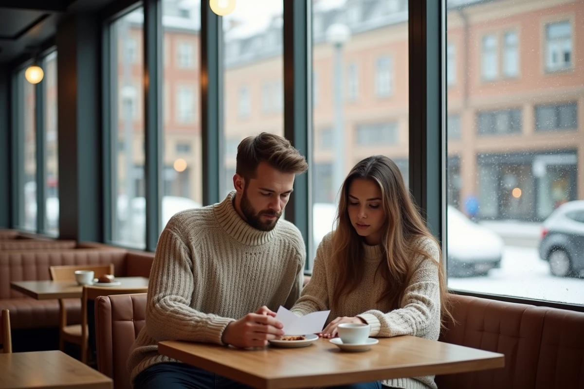 Couple dans un café moderne de Stockholm regardant l'addition, symbolisant les prix élevés dans les pays nordiques