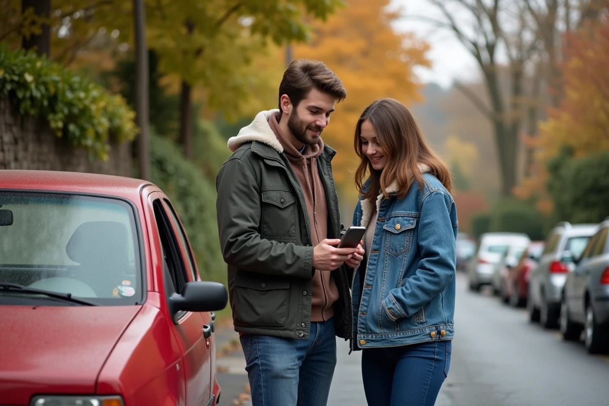 Un couple consulte une application de comparaison de prix pour négocier l'achat d'une voiture d'occasion entre particuliers