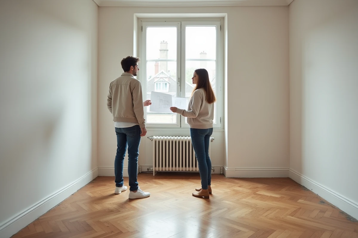 Couple visitant un appartement vide lors d'une visite immobilière à Paris