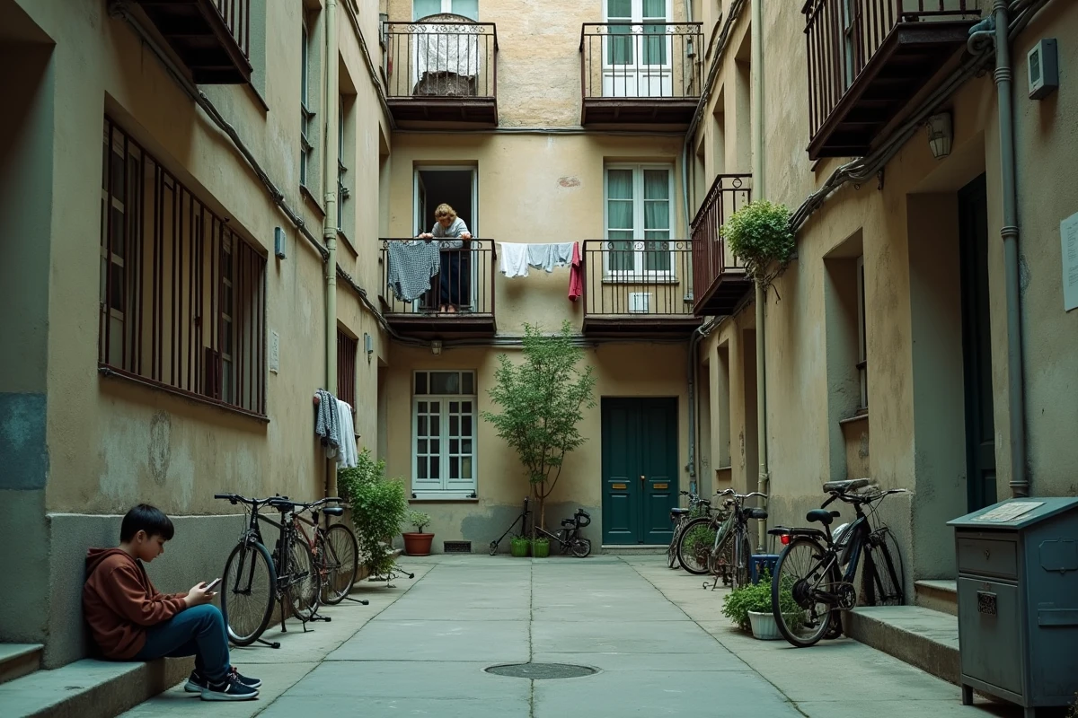 Cour intérieure d'un immeuble populaire dans le 19e arrondissement de Paris avec des habitants et des balcons chargés de linge