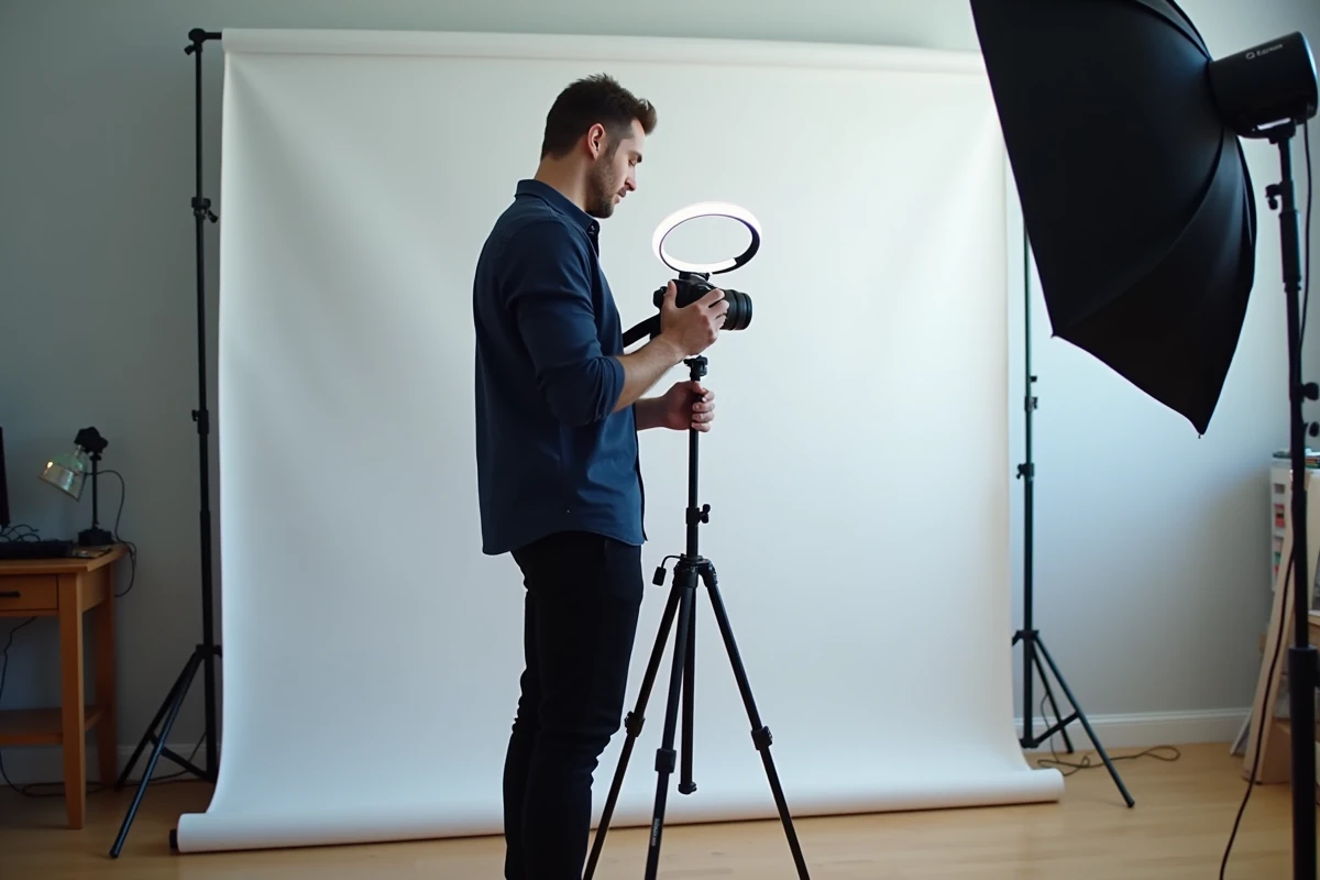 Créateur de contenu masculin préparant une séance photo dans son studio pour alimenter son compte Instagram professionnel