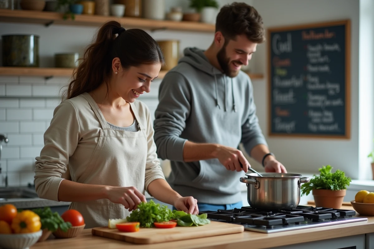Deux colocataires cuisinant ensemble dans la cuisine partagée d'une colocation moderne