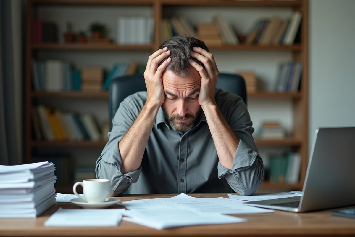 Homme épuisé la tête dans les mains devant un bureau encombré, illustration des signes de décompensation liés au stress chronique