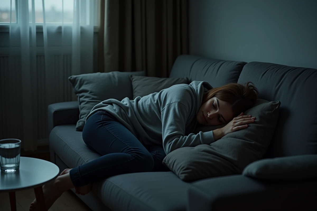 Jeune femme allongée en position fœtale sur un canapé, signes de décompensation psychologique et de repli sur soi